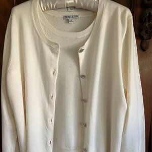 Cream XL Petite Pendleton  Merino Wool Cardigan with  Shell/Rhinestone Buttons
